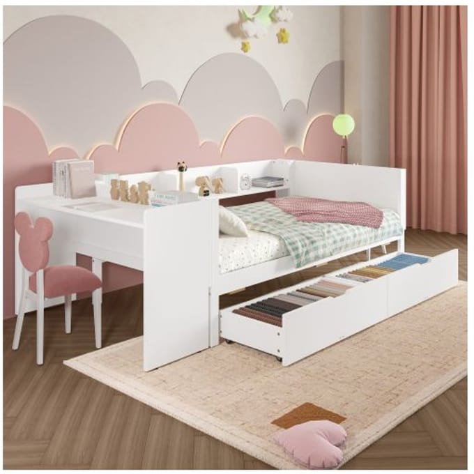 Bed - Wit - 90x200 cm - Bureau met 2 lades - Massief hout - 1-persoons wit