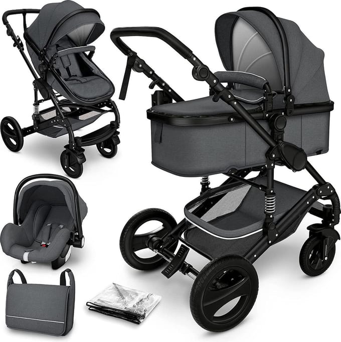 Kinderwagen 3 in 1 - inclusief accessoires - Antraciet/Zwart
