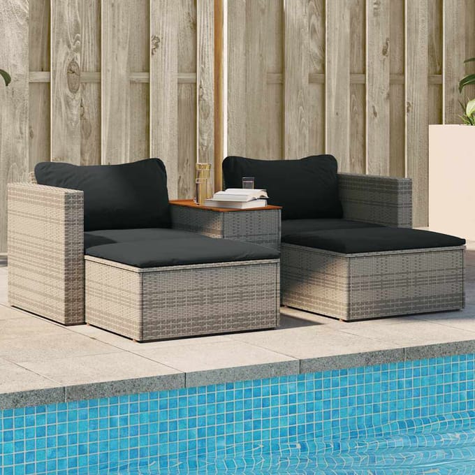 vidaXL - 5-delige - Loungeset - met - kussens - poly - rattan - acacia - grijs