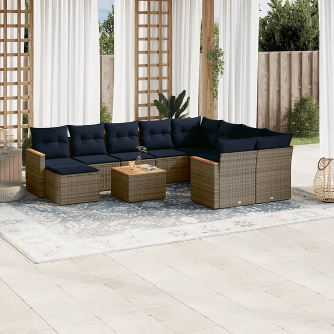 vidaXL - 11-delige - tuinbankset - met - kussens, - grijs - polyrotan