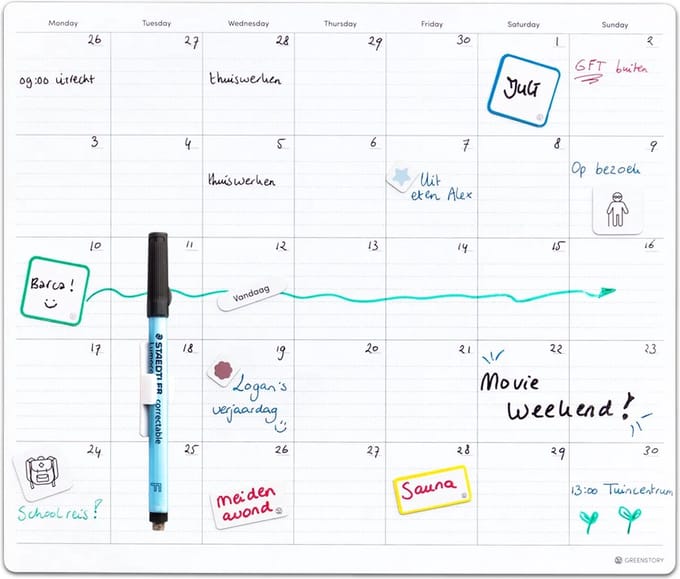 GreenStory - Maand Planbord - Zelfklevend - Sticky Whiteboard - M - met Sticky Pen