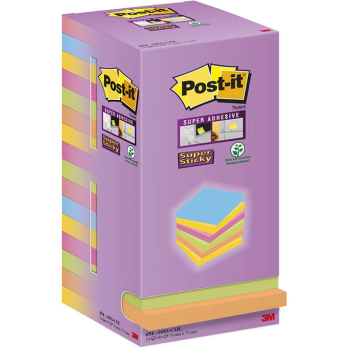 Memoblok Post-it Super Sticky 654 76x76mm color 16 stuks