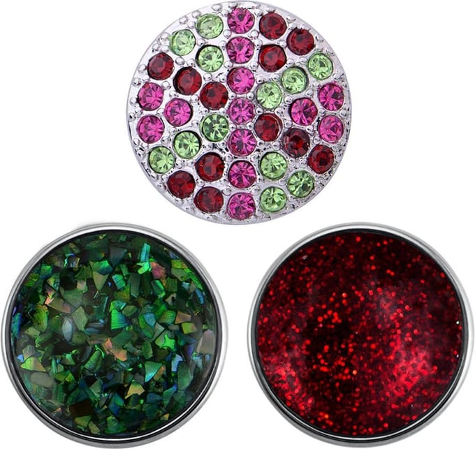 Quiges - Chunk 18mm Click Button Drukknoop Set van 3 Stuks Multi Kleur met Zirkonia Schelp & Glitter - EBCMSET001