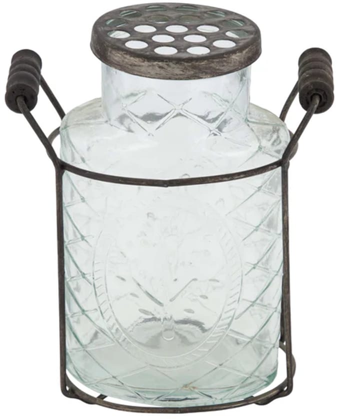 Vaas met deksel in metalen mand glas