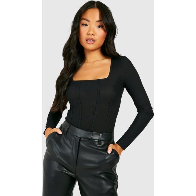 boohoo Dames Petite Rib Corset Bodysuit | Zwart | Maat: 34