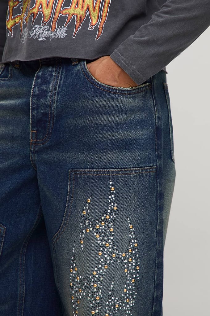 Baggy versierde tribale timmerman jeans | Antique Blue | Size 36R