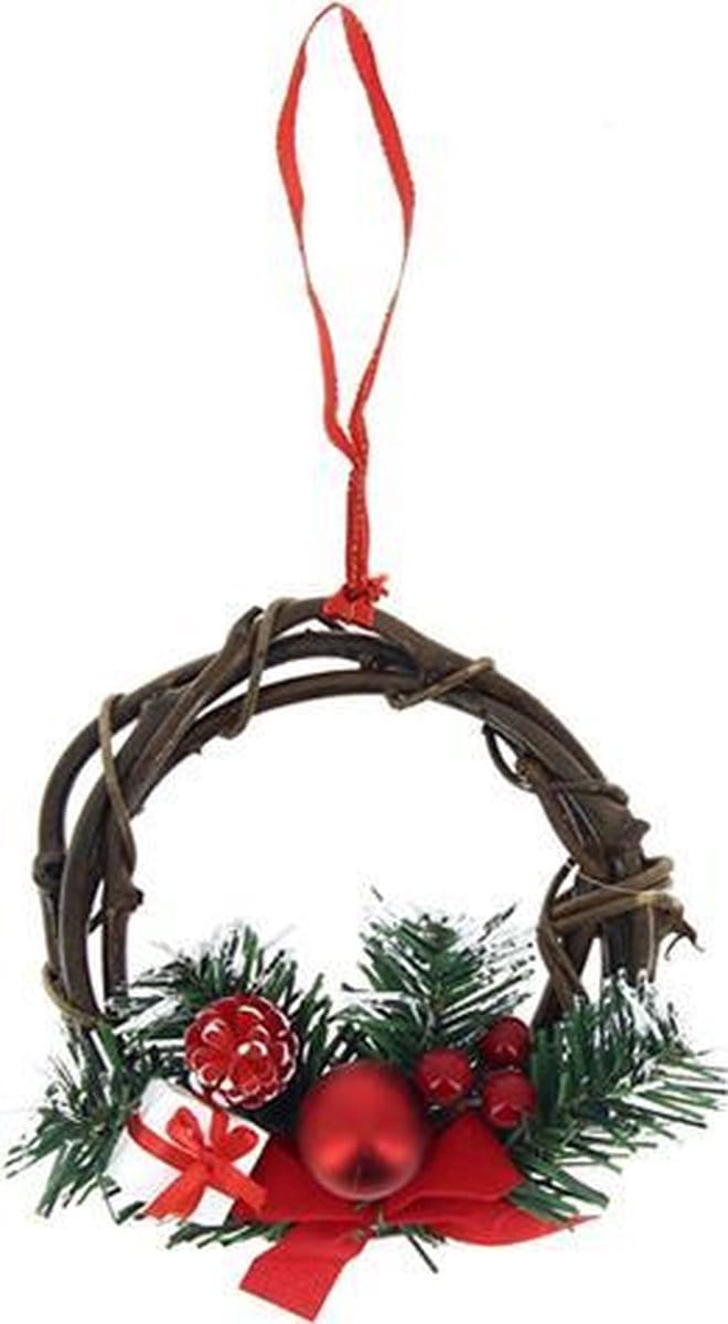 Houten Kerstmiskroon met rode 15cm knoop - Plastic - Rood - SILUMEN