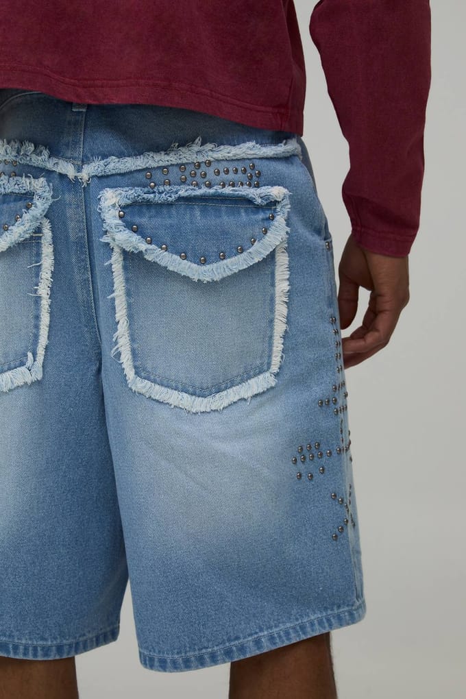 Wijde Stijve Versierde Distressed Denim Shorts Met Zakdetail | Washed Light Blue | Size 32