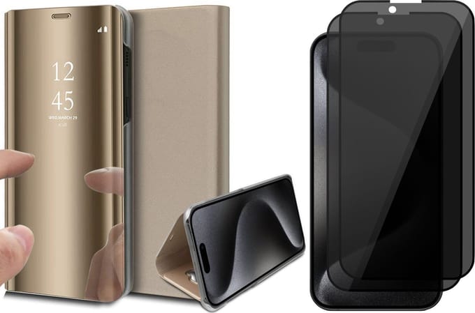 Hoesje geschikt voor iPhone 15 Pro Max - 2x Privacy Screen Protector FullGuard - Book Case Spiegel Goud & Screenprotector