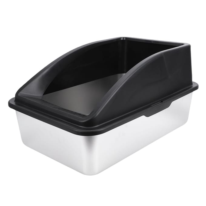 Bac à litière pour chat Acier inoxydable Multifonctionnel Taille spacieuse Dessus ouvert Clôture surélevée Bac à litière pour chaton pour la maison black