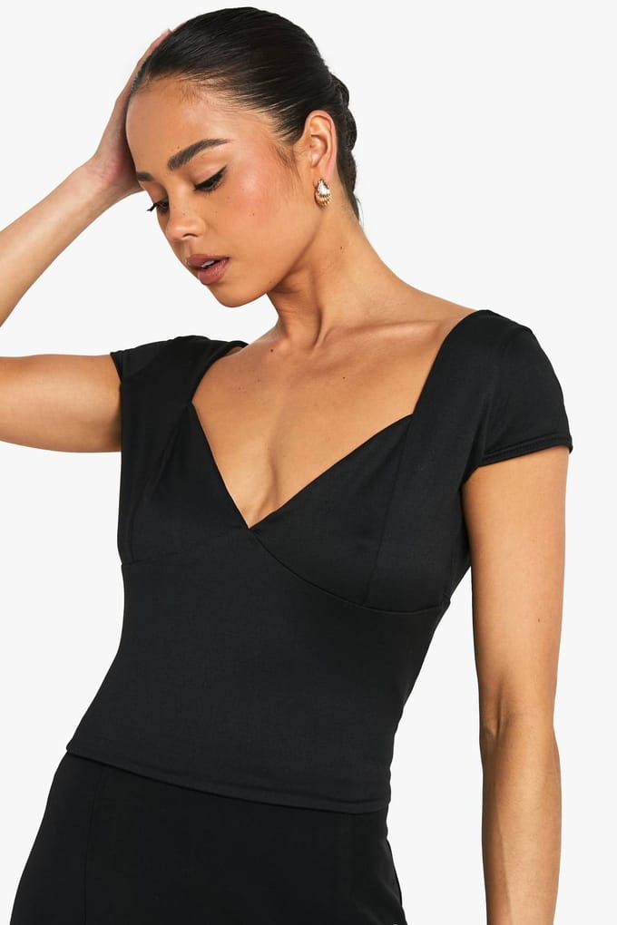 boohoo Dames Super Zachte Cap Sleeve Plunge Front Top | Black | Maat: 12