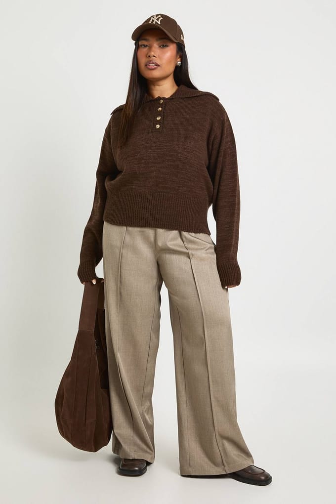 boohoo Dames Plus Gebreide Henley Trui met Kraag | Chocolate | Maat: 28