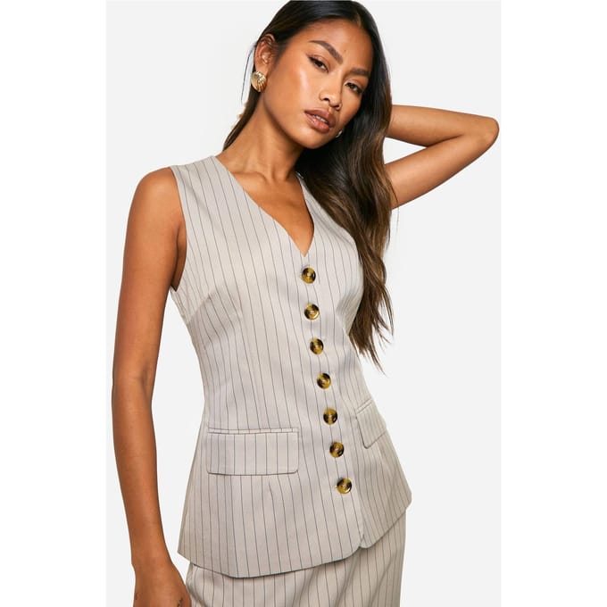 boohoo Dames Tonal Pinstripe Longline Gilet | Steen | Maat: 34