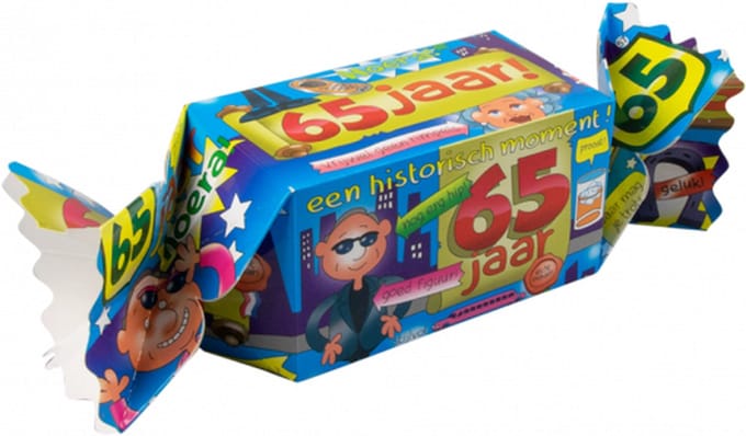 Snoeptoffee - 65 jaar - Gevuld met Drop - In cadeauverpakking met gekleurd lint