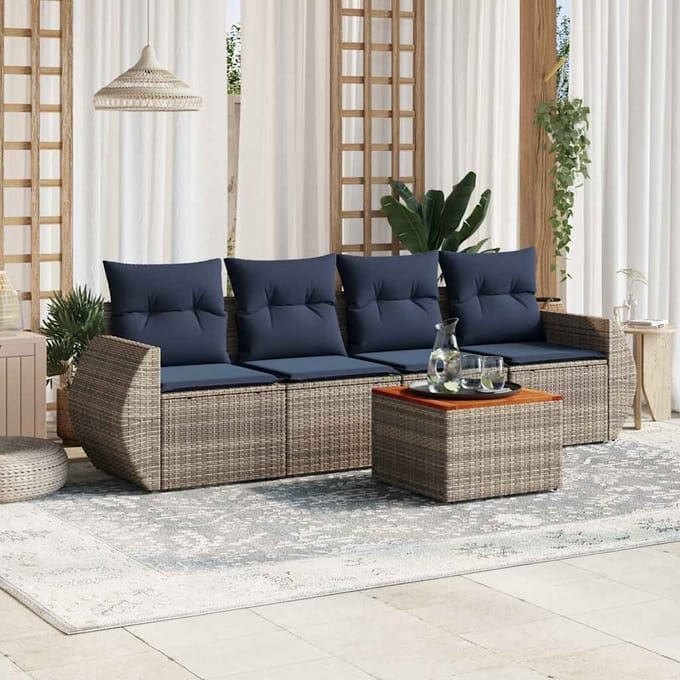 vidaXL - 5-delige - tuinbankset - met - kussens, - grijs - polyrotan