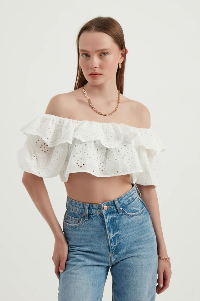 Avondtop met Off Shoulder, Rimpeltop, Korte Mouwen en Ballonmouwen