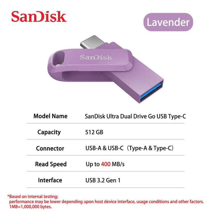SanDisk Ultra Dual Drive Go - USB Type A & USB-C - 512GB - Lavendel