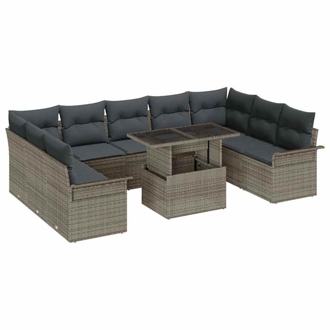 vidaXL Tuinbank Set met kussen met kussen 10 pcs Grijs Poly Riet