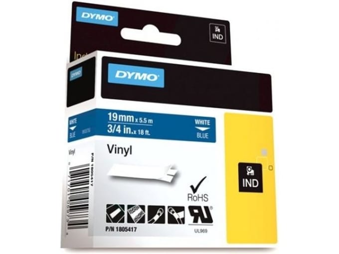DYMO Rhino industriële Vinyl Labels | 19 mm x 5,5 m | witte afdruk op blauw | zelfklevende labels voor Rhino & LabelManager labelprinters