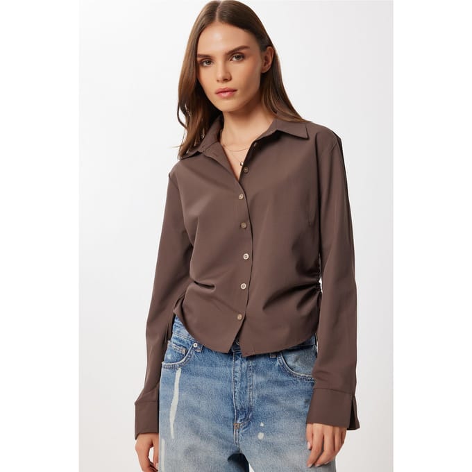 Aansluitende Poplin Shirt met Rimpel Detail