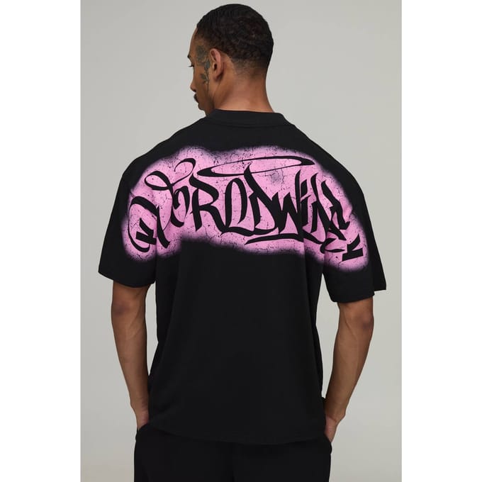 Zwart Oversized T-shirt Met Graffiti Print Over De Naden | Black | Size 2XL