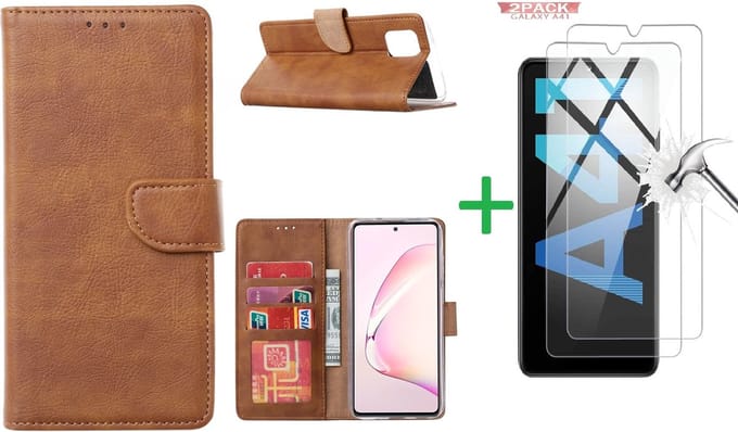 Hoesje Geschikt Voor Samsung Galaxy A41 Boek hoesje + 2X Screenprotector Bruin