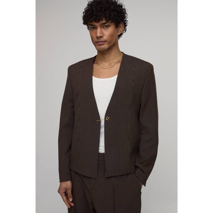 Krijtstreep Oversized Boxy Kraagloze Blazer | Chocolate | Size 40