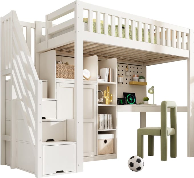 Stapelbed - 90x200 cm - Met Bureau Kledingkast USB En Open Vakken - Lattenbodem - Hout - Wit