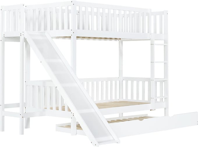 REDOM Stapelbed 90x200 cm – Wit – Met uitschuifbed (90x190 cm), glijbaan & opbergrek – Kindvriendelijk