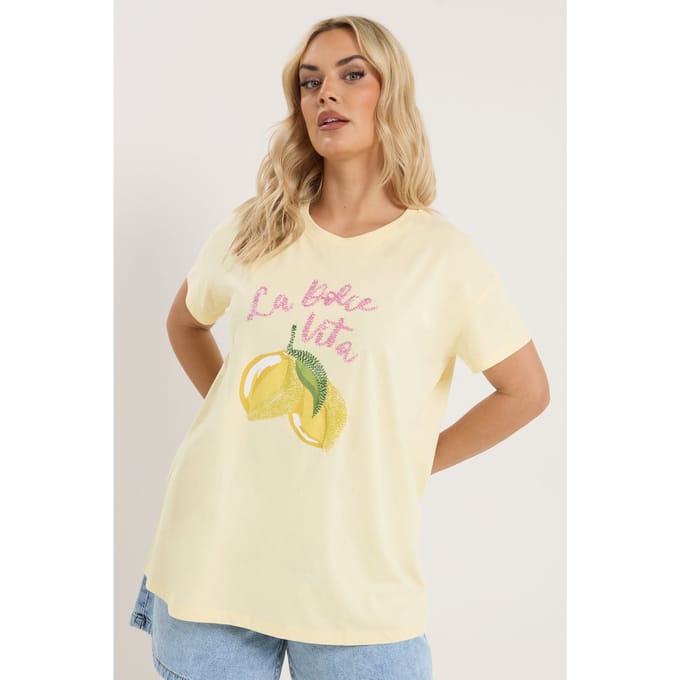 Yours Geel Tshirt Met Kralen En Citroenprint Size 42