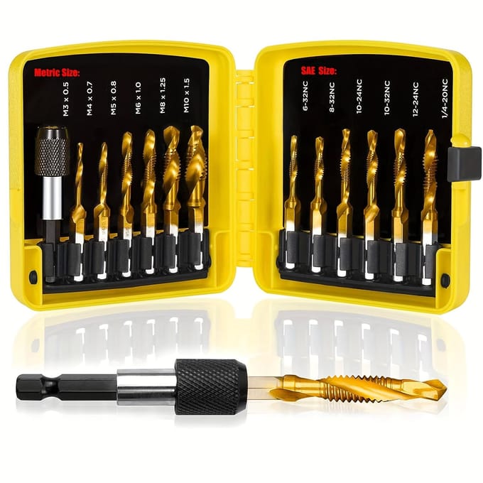 Veelzijdige 13-delige Titanium Boor-Tapschroef Bit Set, 3-in-1 Functionaliteit, Snelwissel, SAE/Metrisch