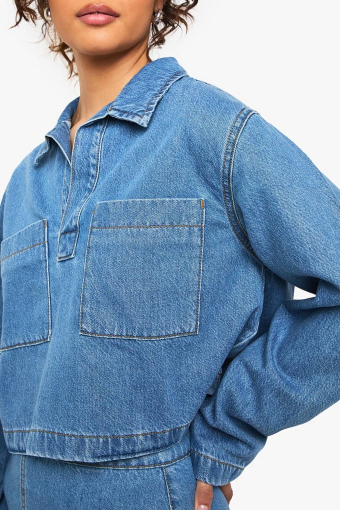 boohoo Dames Denim rugbyshirt met kraag | Mid Blue | Maat: 6