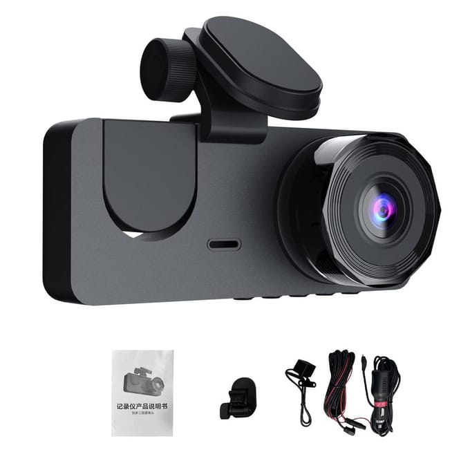 1080P DVR Dash Camera Voor-, Binnen- en Achtercamera Rijrecorder 2 Inch Scherm Dashcam Ondersteuning zwart