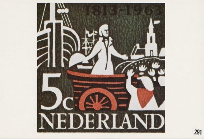 Briefkaart met afbeelding Onafhankelijkheidszegels : Landing van de Prins van Oranje te Scheveningen postzegel