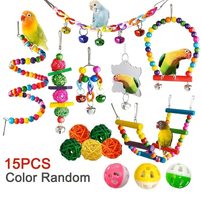 @ Lu’s Today® – Basic Pet Essentials – 15‑Delige Vogel Speelset – Schommels, Ladders & Belletjes