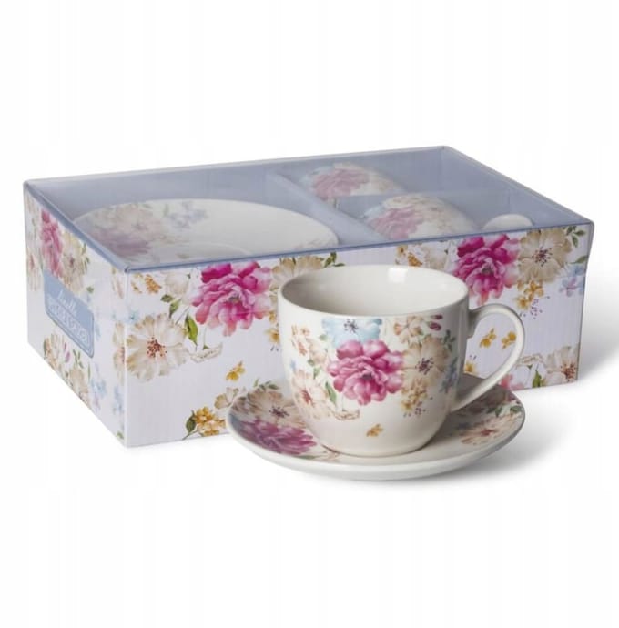 Set van 2 Mokken met Schotels, Bloemendesign, 250ml, Cadeauset