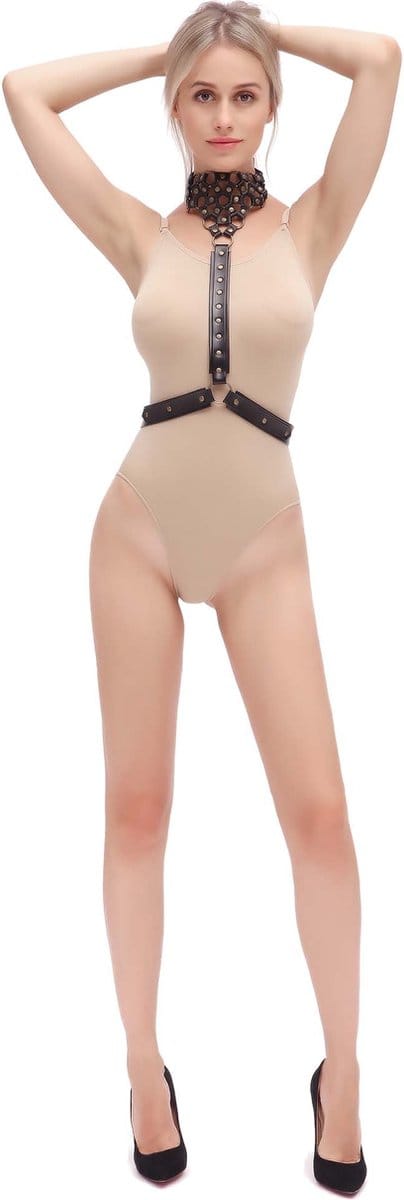 Fixxx - Harnasje met collar - PU-Leder - Verstelbaar - One Size - Zwart