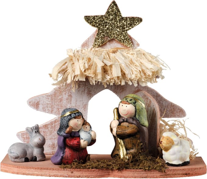 Decoris kinder/kinderkamer kerststal - met beeldjes - 20 x 8 x 16,5 cm - kerststalletje kinderen