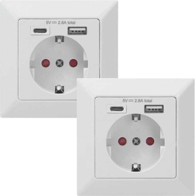 Wandcontactdoos - Stopcontact - 1x CEE 7/3 - 1x USB-A - 1x USB-C - Set van 2 - Wit