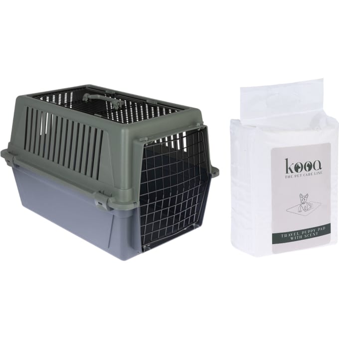 TIAKI Transportbox Verde - Spaar set: Transportbox L + 15 x kooa reis puppy onderlegger met geur