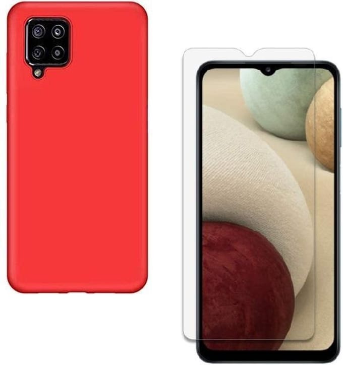 Solid hoesje Geschikt voor: Samsung Galaxy A12 Soft Touch Liquid Silicone Flexible TPU Rubber - Rood  + 1X Screenprotector Tempered Glass