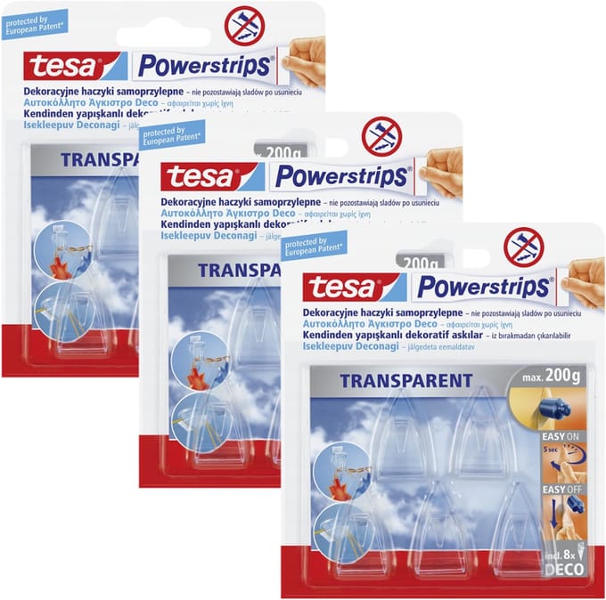 Tesa POWERSTRIPS - Zelfklevende Haken - Herbruikbaar - Transparant