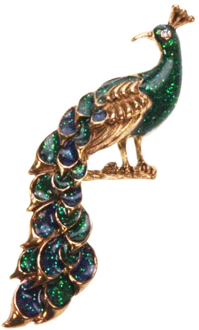 Broche Pauw groen/blauw/goudkleurig 4,5x7cm