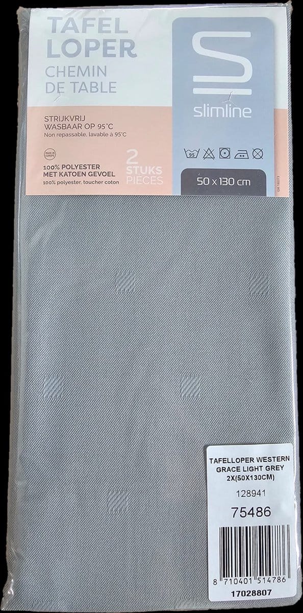 Slimline Tafelloper 50 x 130 cm, licht grijs - Pak 2 stuks