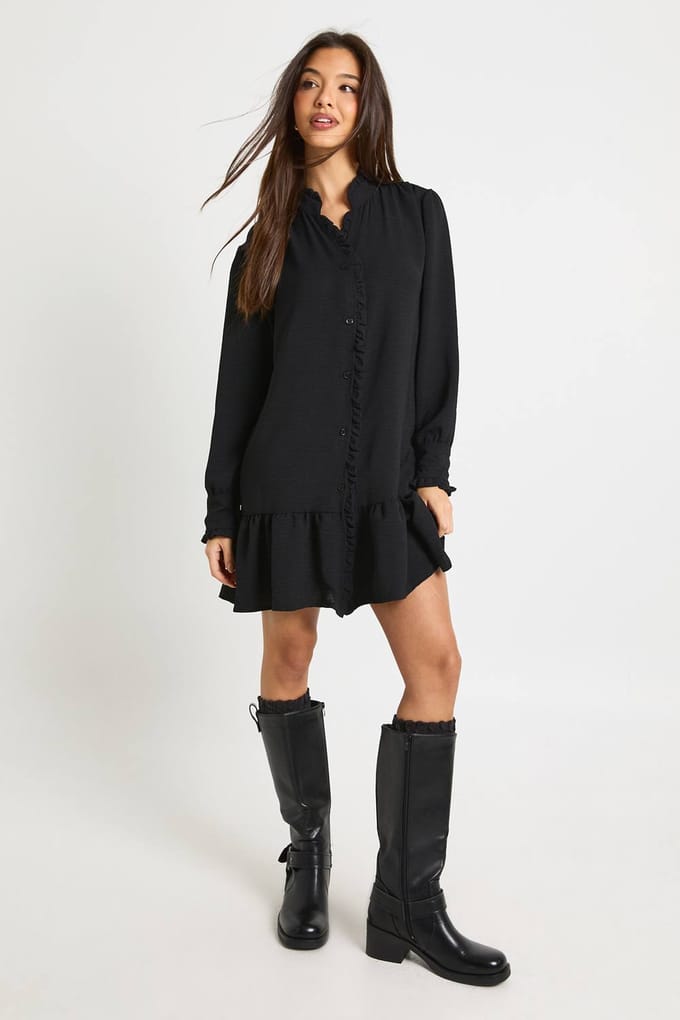 boohoo Dames Gehamerde smockjurk met ruchdetails | Black | Maat: 8