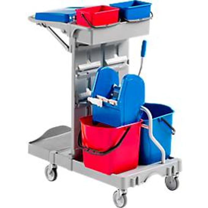 Schoonmaakwagen Poly II, 2 x emmer 4 l, 2 x emmer 15 l, mop-pers en steelhouder
