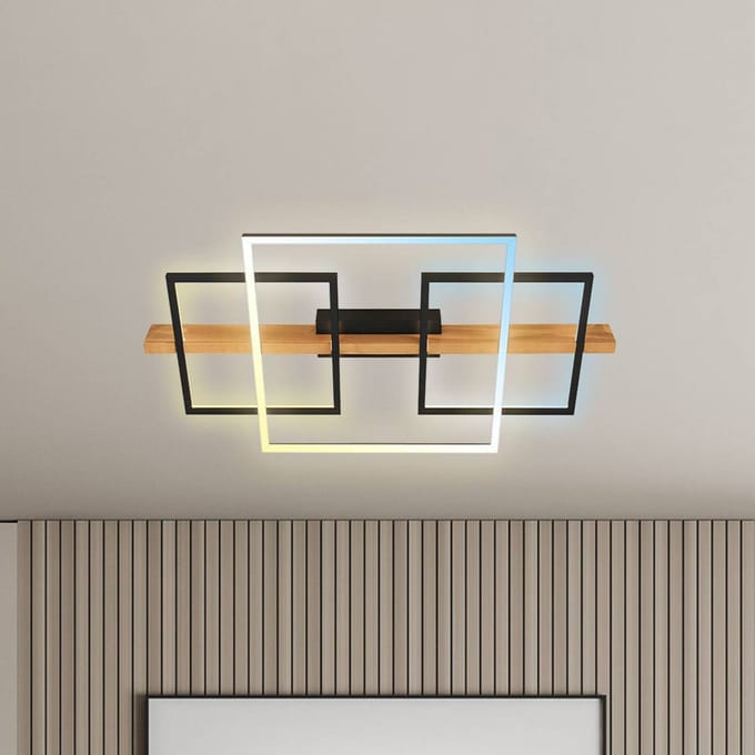 Briloner LED plafondlamp Cadre, CCT, 75 cm, zwart, hout