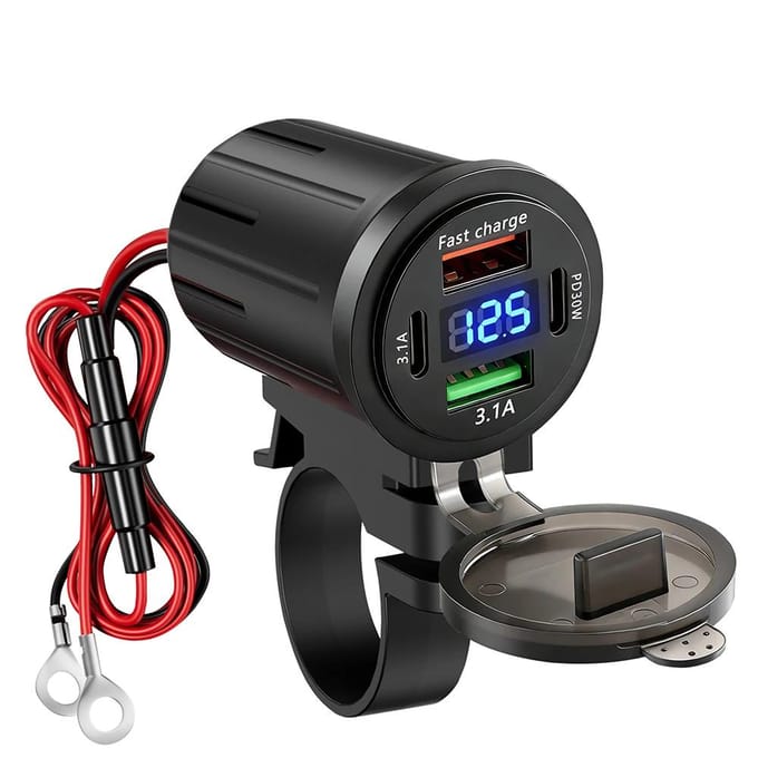 Motorfiets USB Snellader Stuur USB-stopcontact Adapter met Schakelaar Voltmeter Waterdicht 12V/24V Voedingsadapter 83W grijsbruin