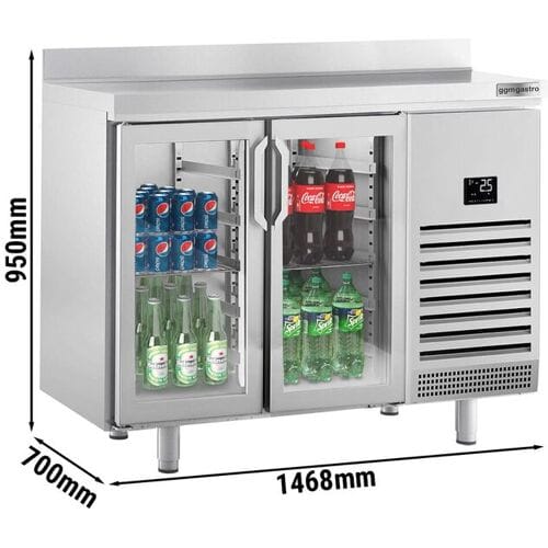 GGM Gastro Bar koelwerkbank PREMIUM PLUS - 1468x700mm - 305l - met 2 glazen deuren & spatrand zilver