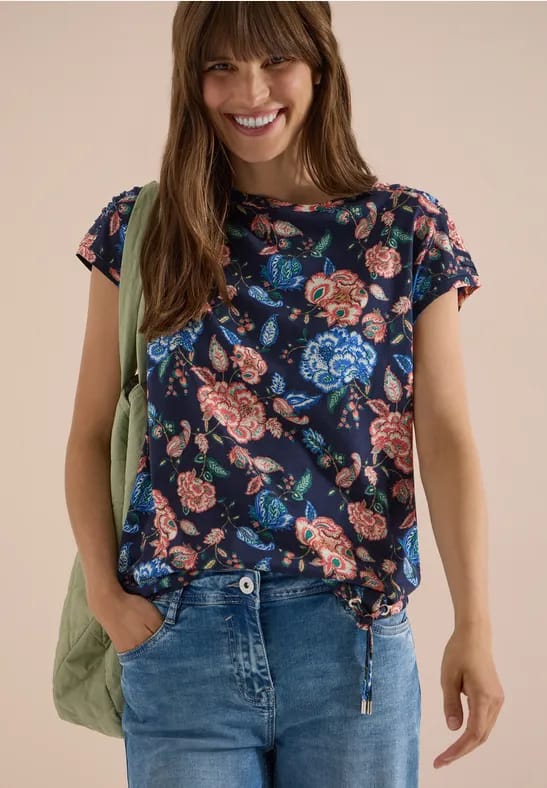 Shirt met korte mouwen, boothals en rimpels